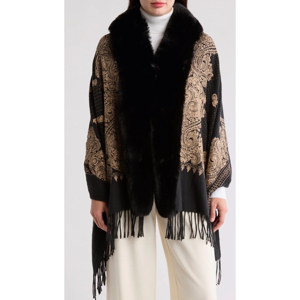 La‎ Fiorentina Black Gold Paisley Faux Fur Collar Wrap Shawl Cape FAUX224-2402